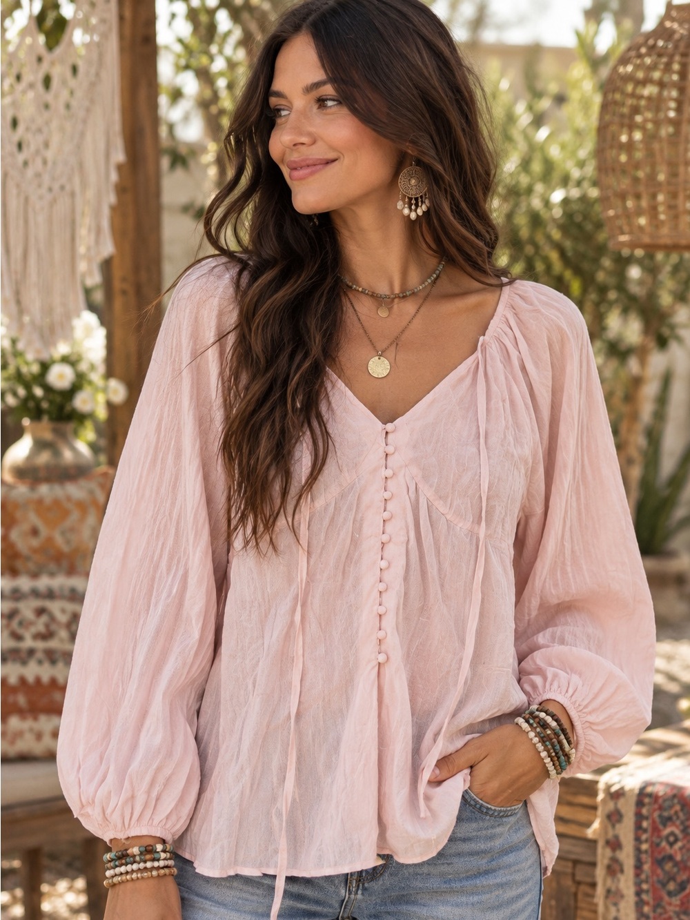 DAZY Lyocell Mix Pink Long Sleeve Blouse W/Button Front Size Small